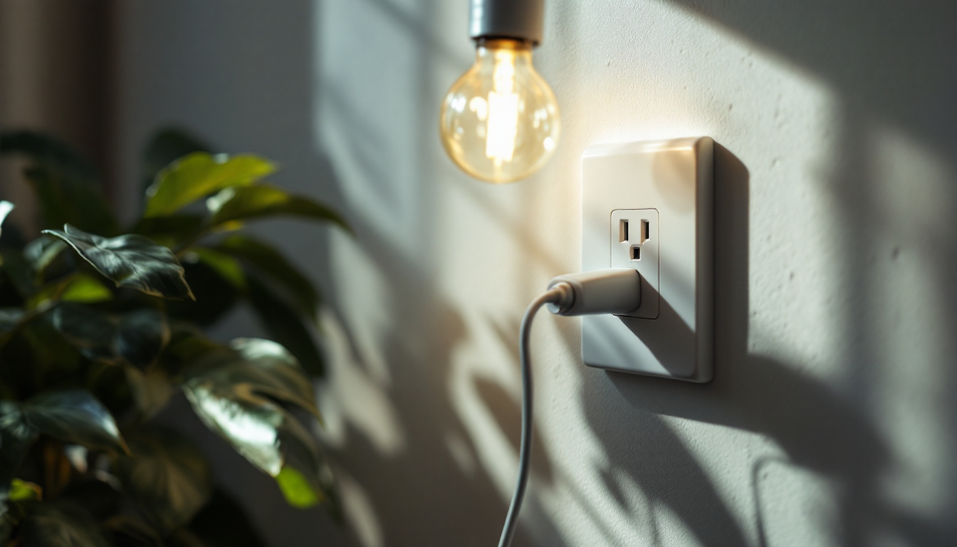 A photograph of a close-up shot of a wall outlet with a stylish lamp plugged in