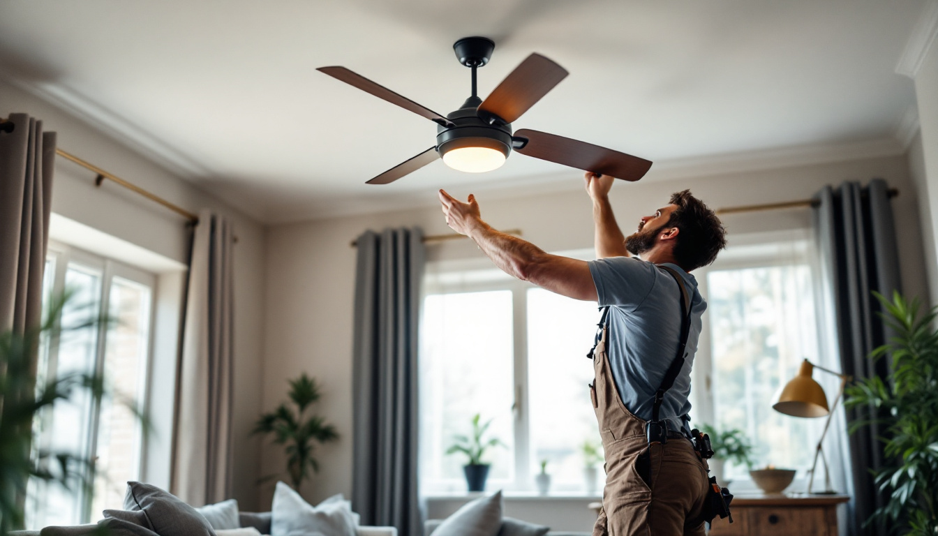 A photograph of a skilled electrician or handyman installing a stylish ceiling fan in a well-lit