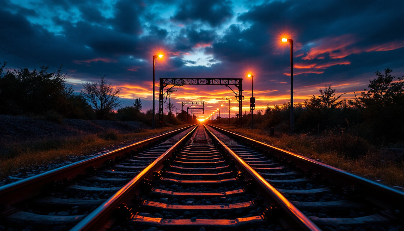 A photograph of a beautifully lit railway track at dusk