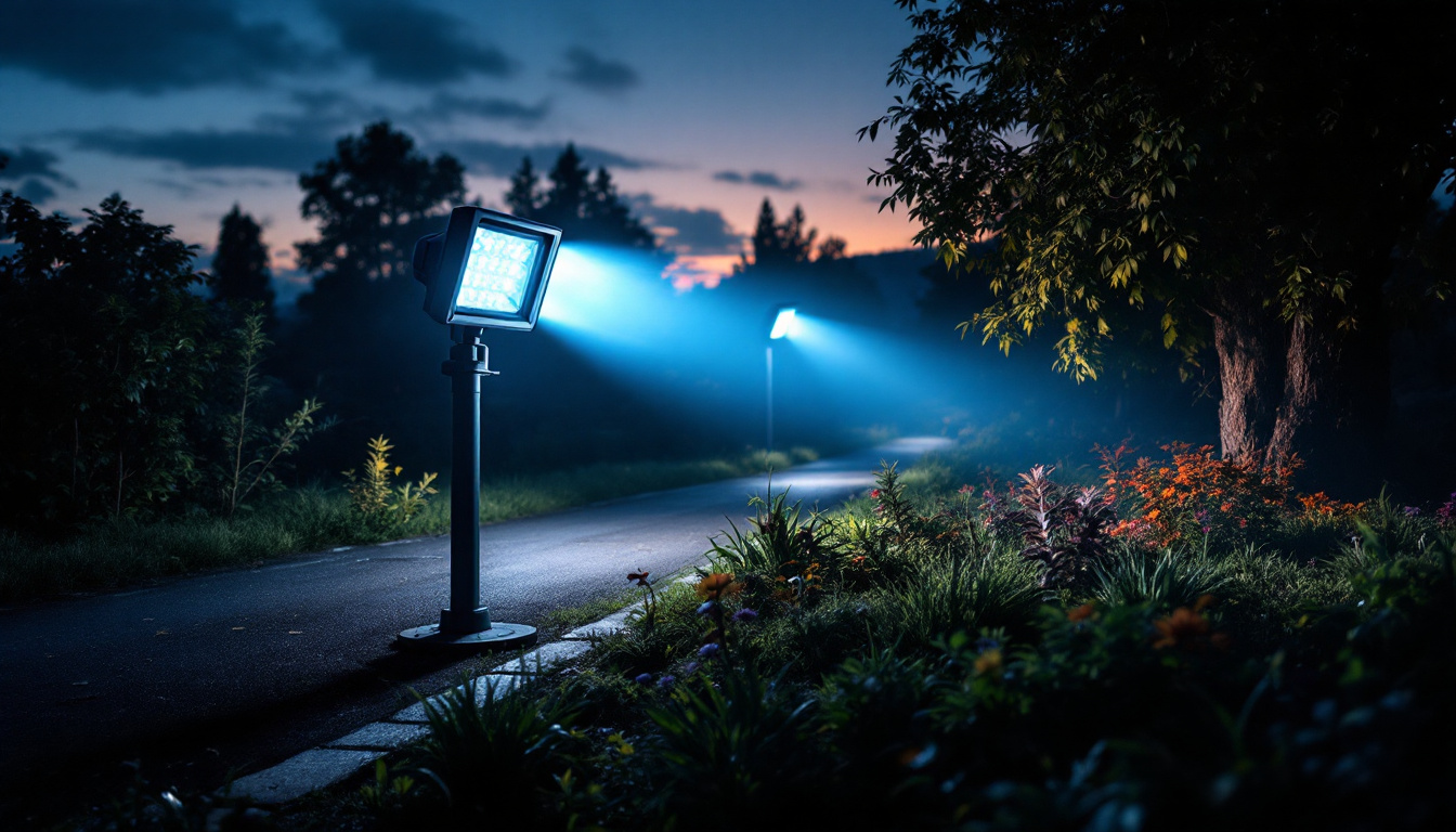A photograph of a flood lamp illuminating a vibrant outdoor scene at dusk