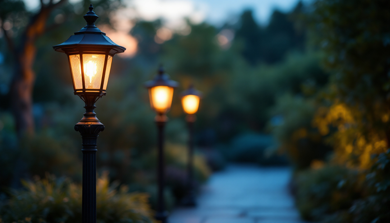 A photograph of a beautifully designed outdoor lamp pole illuminated at dusk