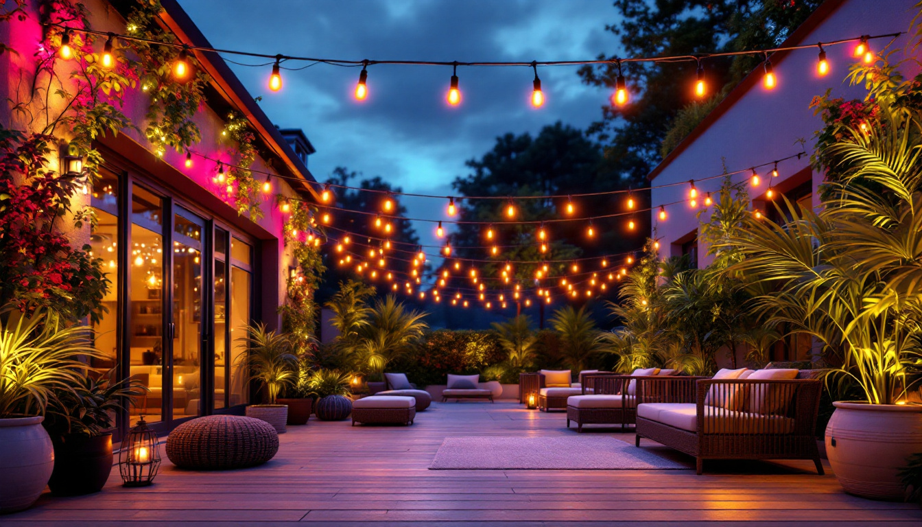 A photograph of a beautifully lit patio at dusk