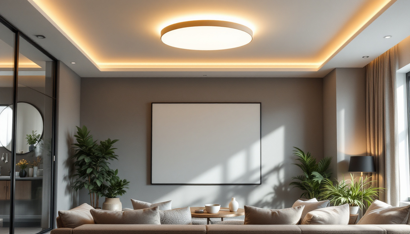 A photograph of a modern ceiling led light fixture in a stylishly decorated room