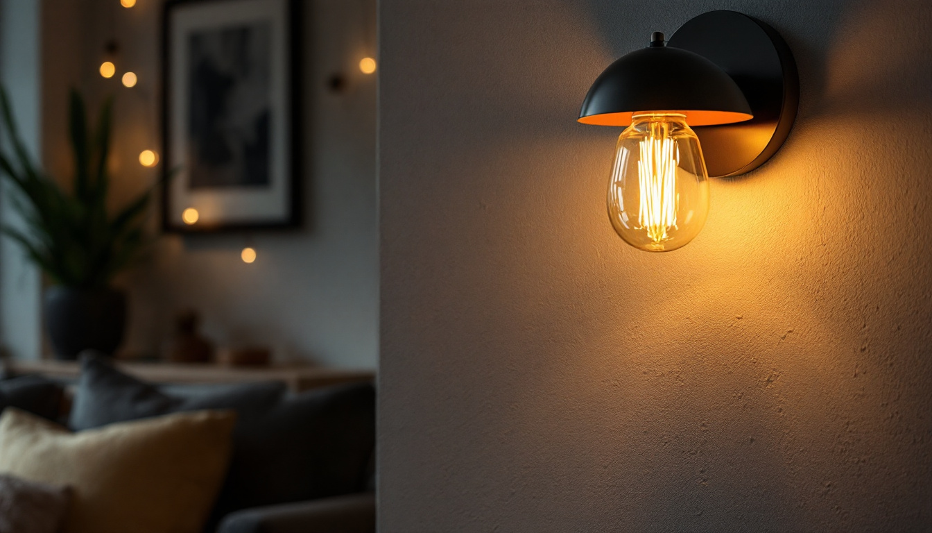A photograph of a stylish wall light sconce elegantly illuminated in a cozy