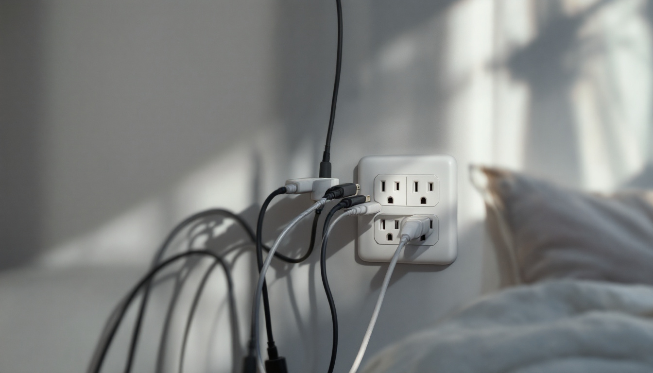 A photograph of a well-lit room featuring a stylish 4-plug outlet in use