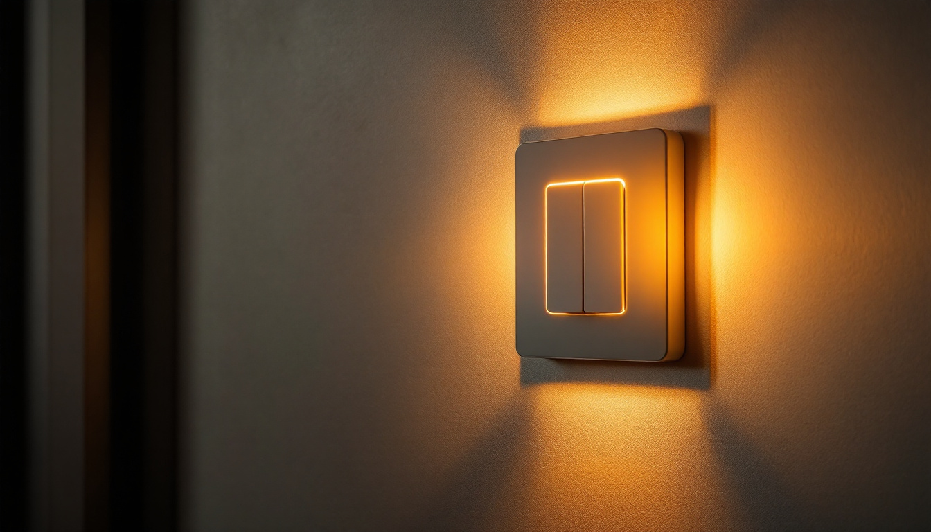 A photograph of a stylish light switch illuminated by warm
