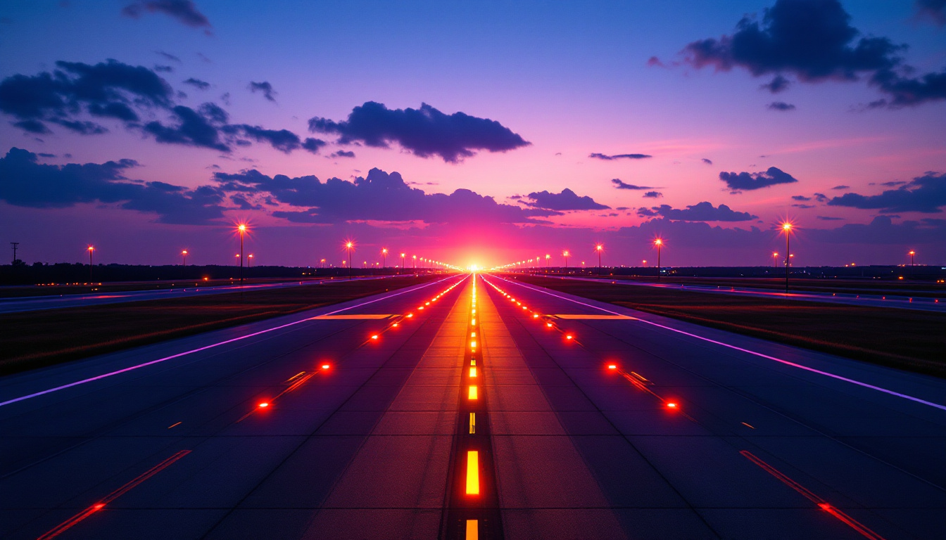 A photograph of capture a photograph of an illuminated airport runway at dusk