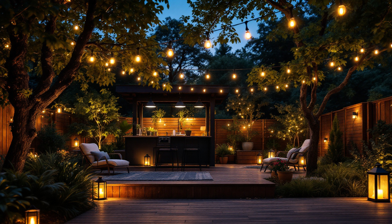 A photograph of a beautifully illuminated backyard scene at dusk