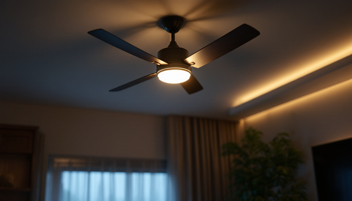 A photograph of capture a photograph of a stylish ceiling fan elegantly illuminated in a modern living space