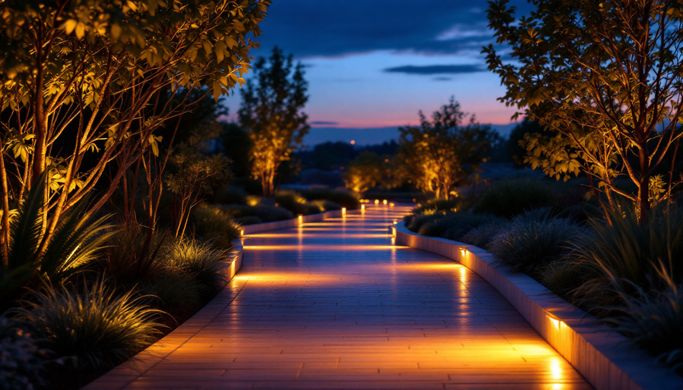 A photograph of a beautifully illuminated walkway at dusk