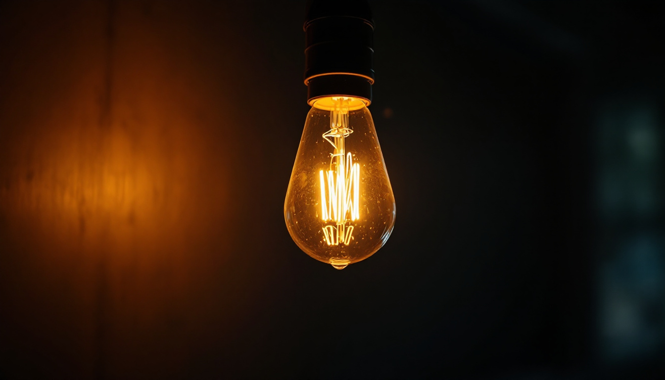 A photograph of a close-up shot of a flickering light bulb in a dimly lit room