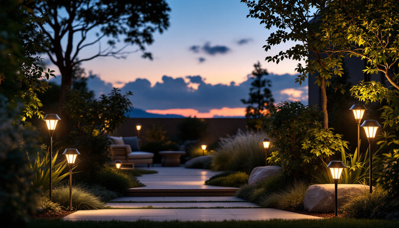 A photograph of capture a photograph of a beautifully landscaped outdoor setting at dusk