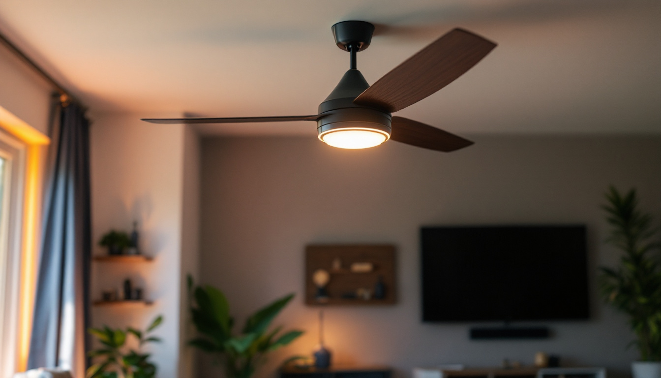 A photograph of a stylish ceiling fan in a well-lit