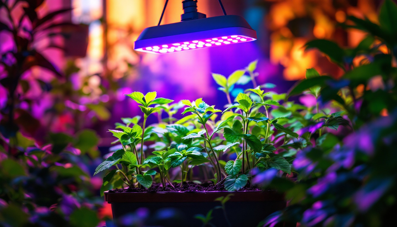 A photograph of a vibrant indoor garden illuminated by a high-quality led grow lamp