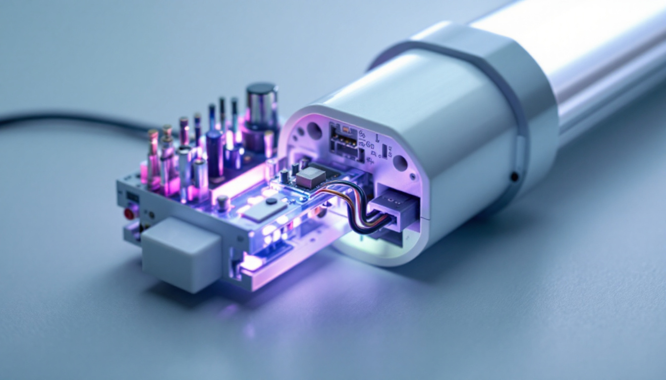 A photograph of a close-up of a fluorescent ballast alongside a lit fluorescent tube