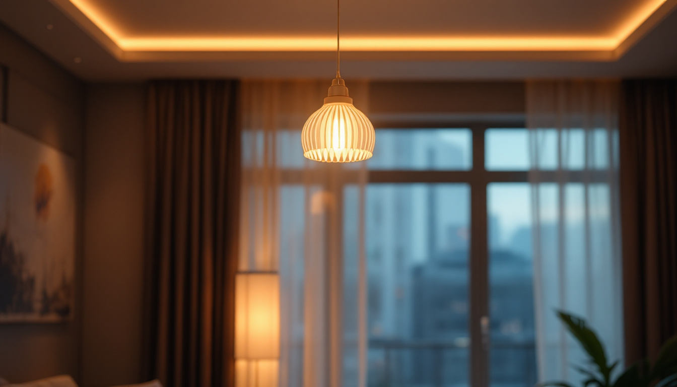 A photograph of a stylish ceiling fixture illuminated in a beautifully designed room