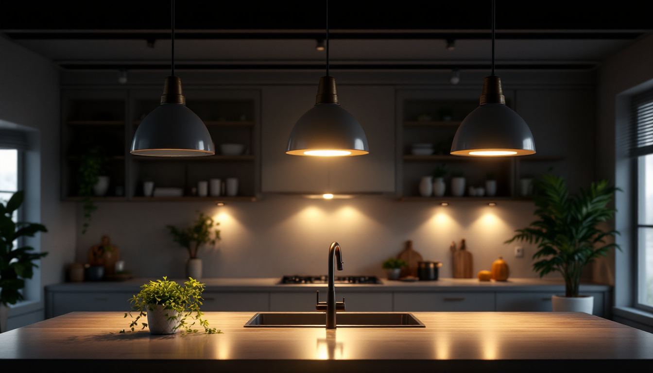 A photograph of a beautifully designed kitchen featuring various ceiling light fixtures that highlight the space