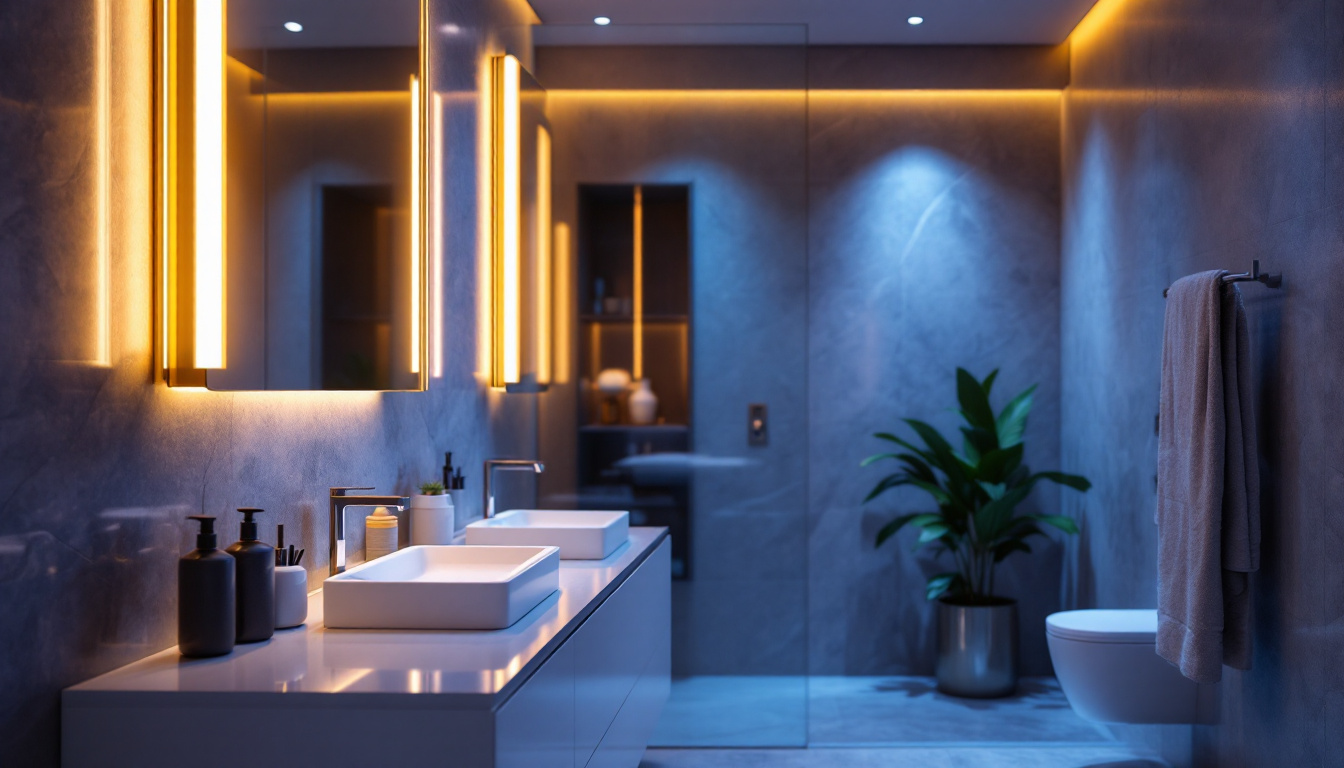 A photograph of a stylishly designed bathroom featuring modern led lighting fixtures