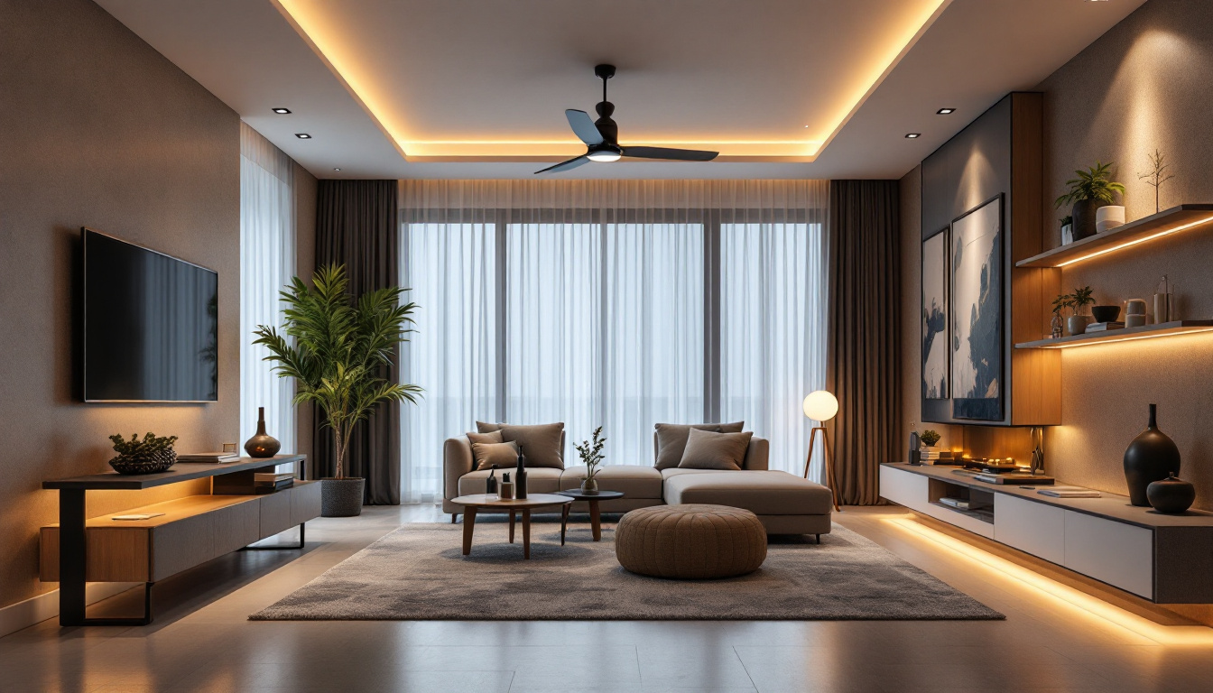 A photograph of a beautifully designed modern living space showcasing recessed lighting in action
