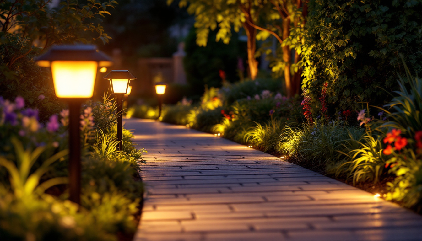 A photograph of a beautifully illuminated outdoor pathway featuring solar pathway lights