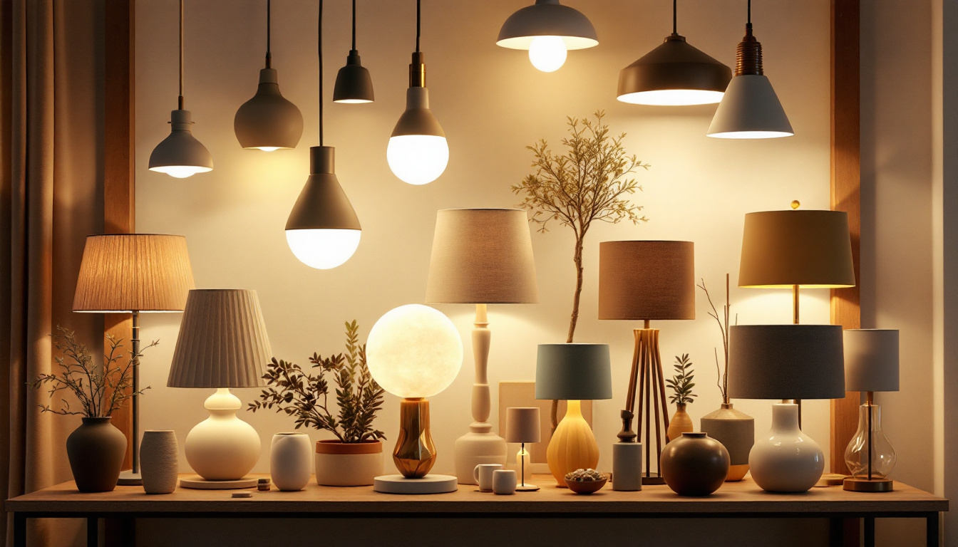 A photograph of a beautifully arranged display of various lamp fixtures in different styles and materials