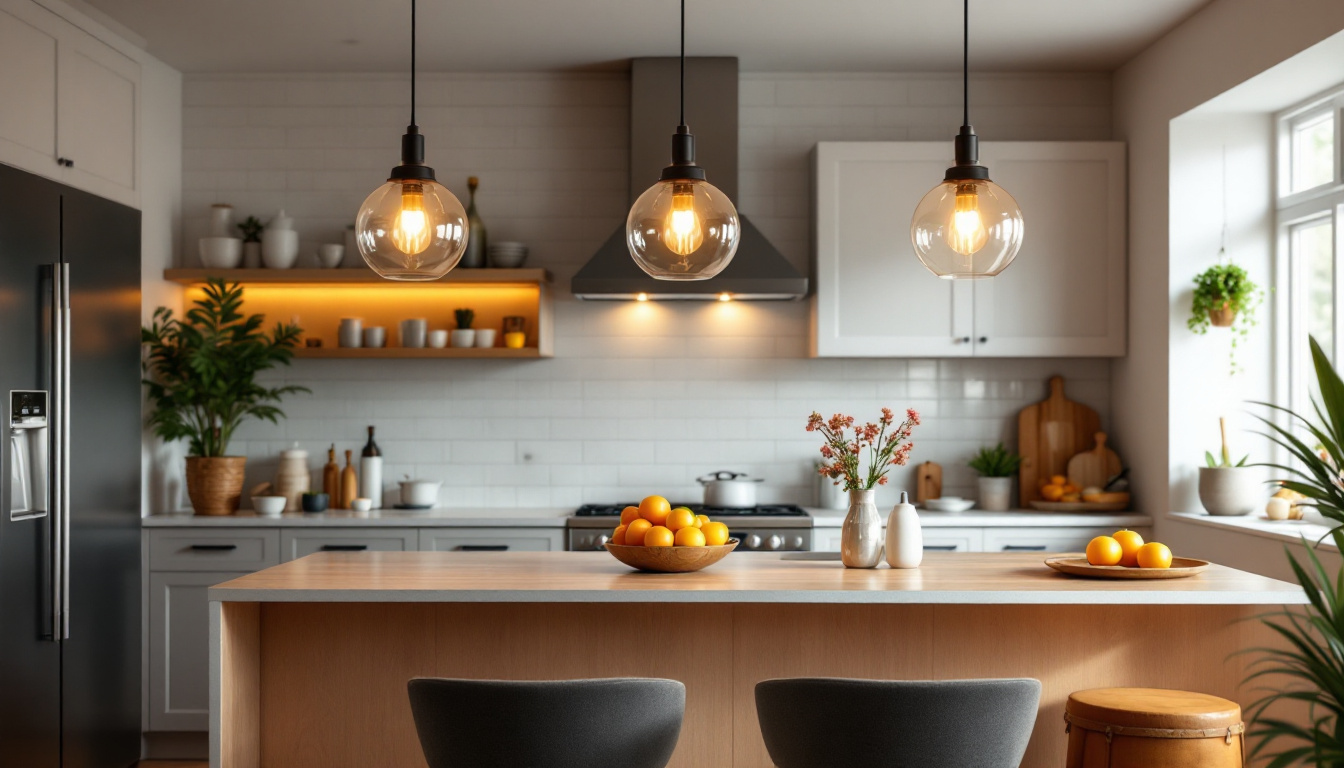 A photograph of a stylish kitchen featuring elegant pendant lights hanging above an inviting dining area