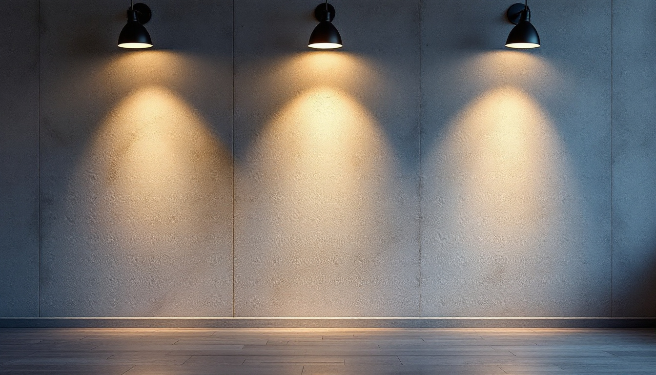 A photograph of a well-lit indoor space featuring a 5'10 wall adorned with various lighting fixtures