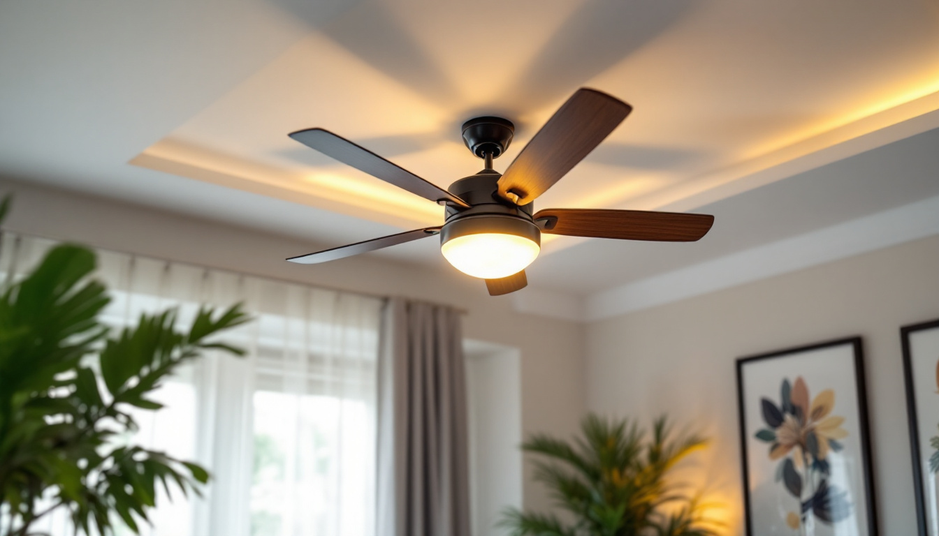 A photograph of a stylish ceiling fan with integrated lighting