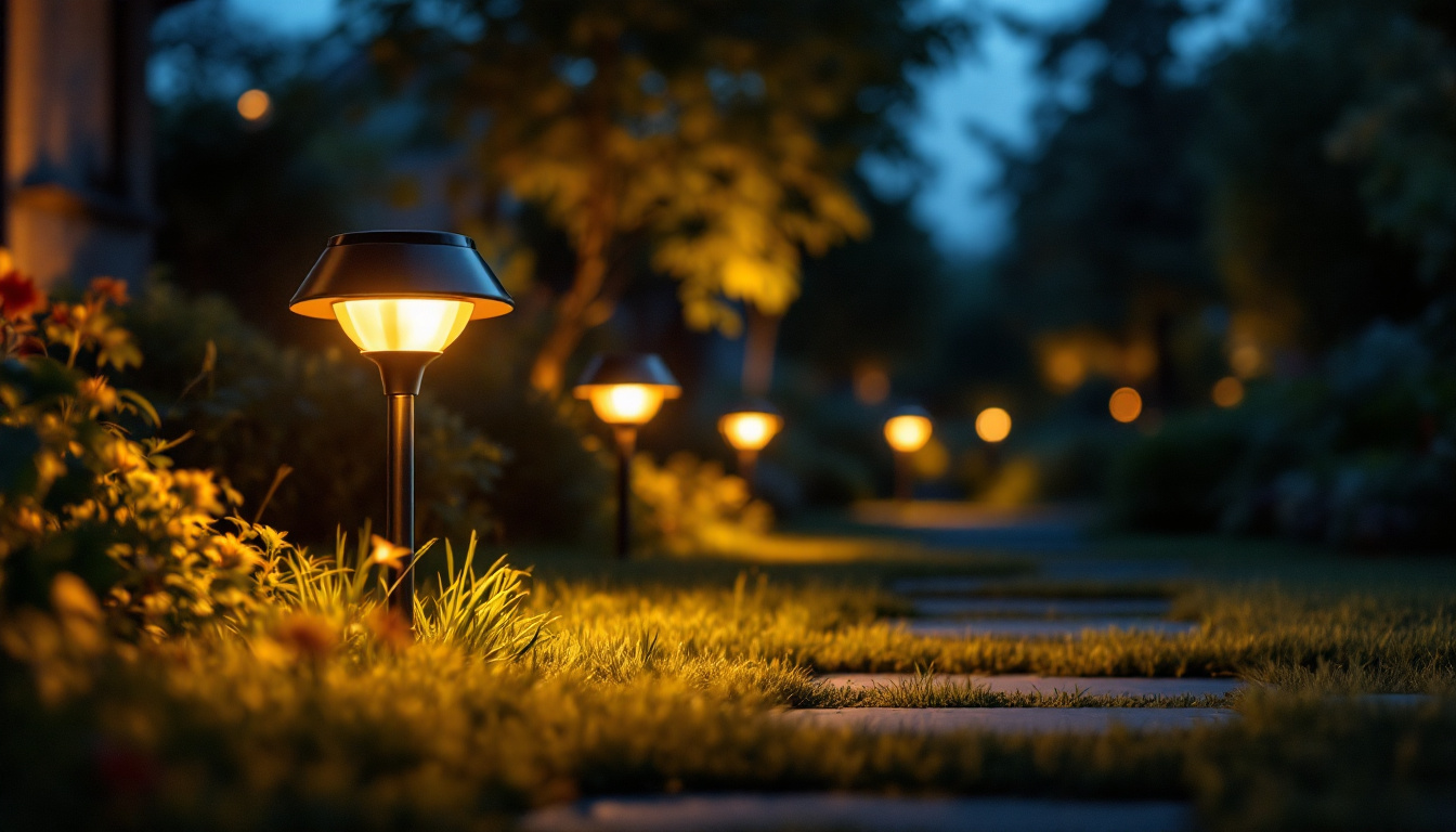 A photograph of a beautifully illuminated outdoor scene featuring solar flood lights in action