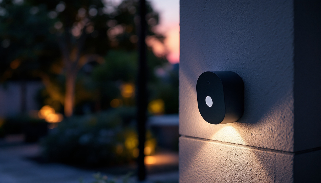 A photograph of a stylish outdoor motion detector light installed in a garden or pathway setting at dusk