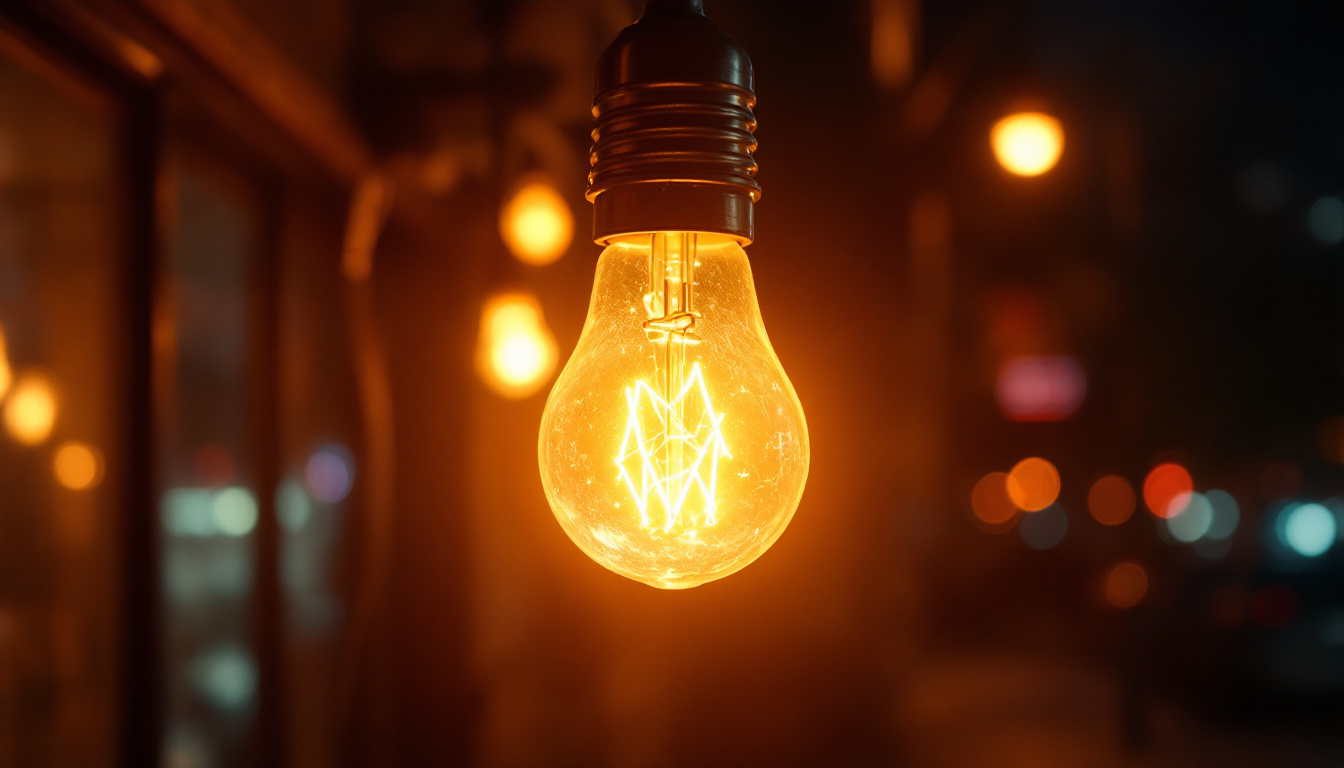 A photograph of capture a photograph of a sodium vapor light bulb illuminating a nighttime urban scene