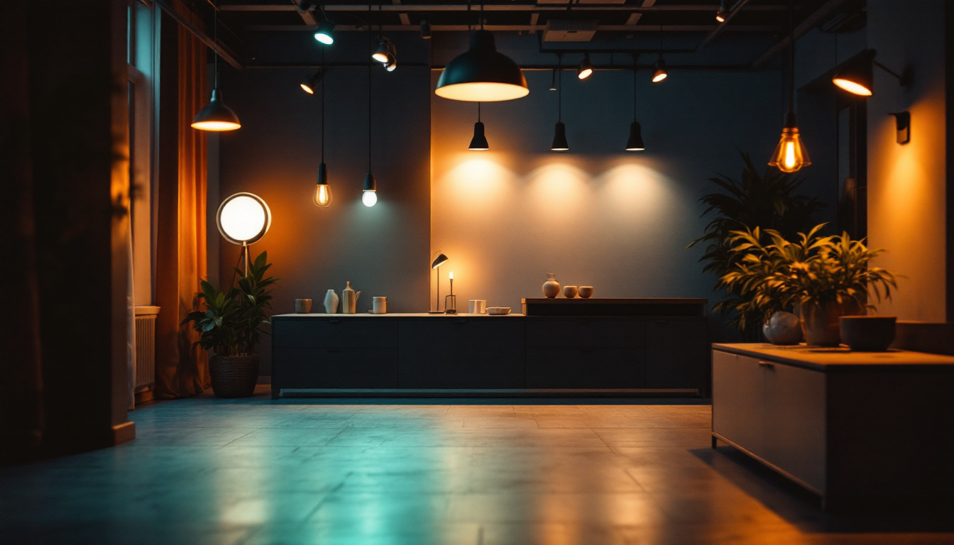 A photograph of a beautifully lit interior space showcasing various lighting fixtures