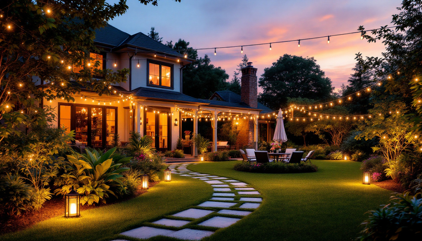 A photograph of a beautifully illuminated outdoor space featuring various styles of yard lighting
