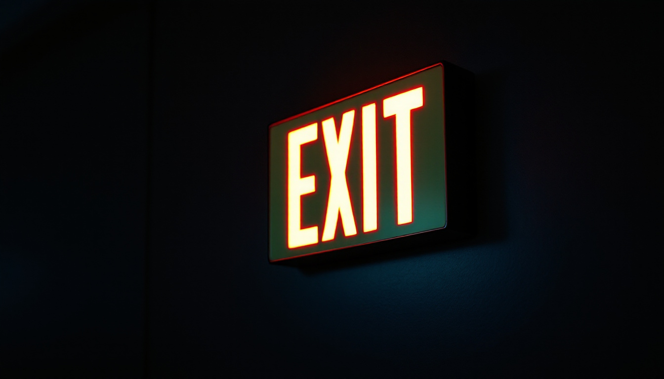 A photograph of a well-lit backlit exit sign in a dimly lit environment