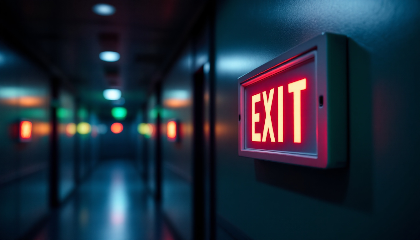 A photograph of capture a photograph of a dimly lit corridor featuring illuminated emergency exit lights