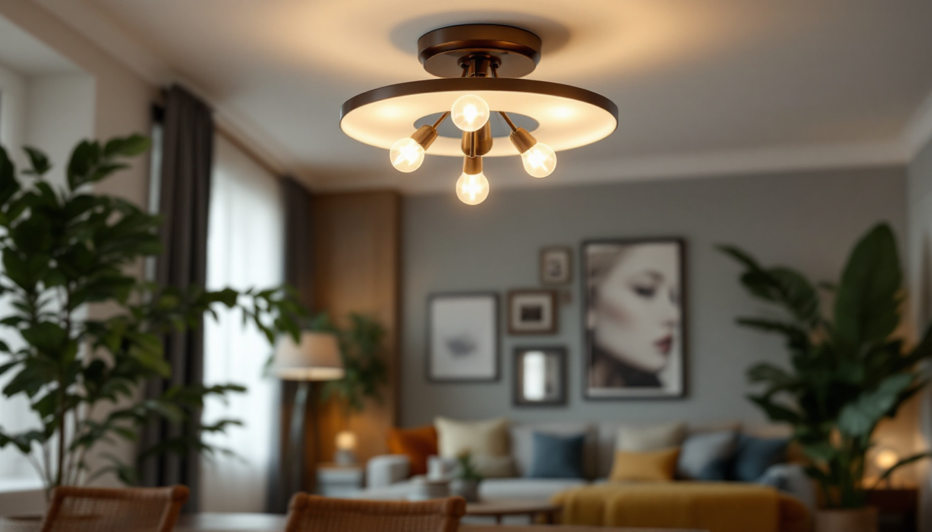 A photograph of a beautifully designed semi-flush light fixture in a stylishly decorated room