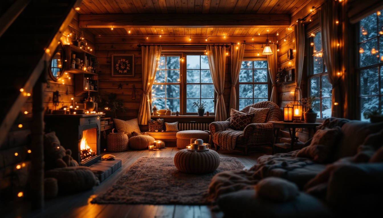 A photograph of a cozy cabin interior illuminated by warm