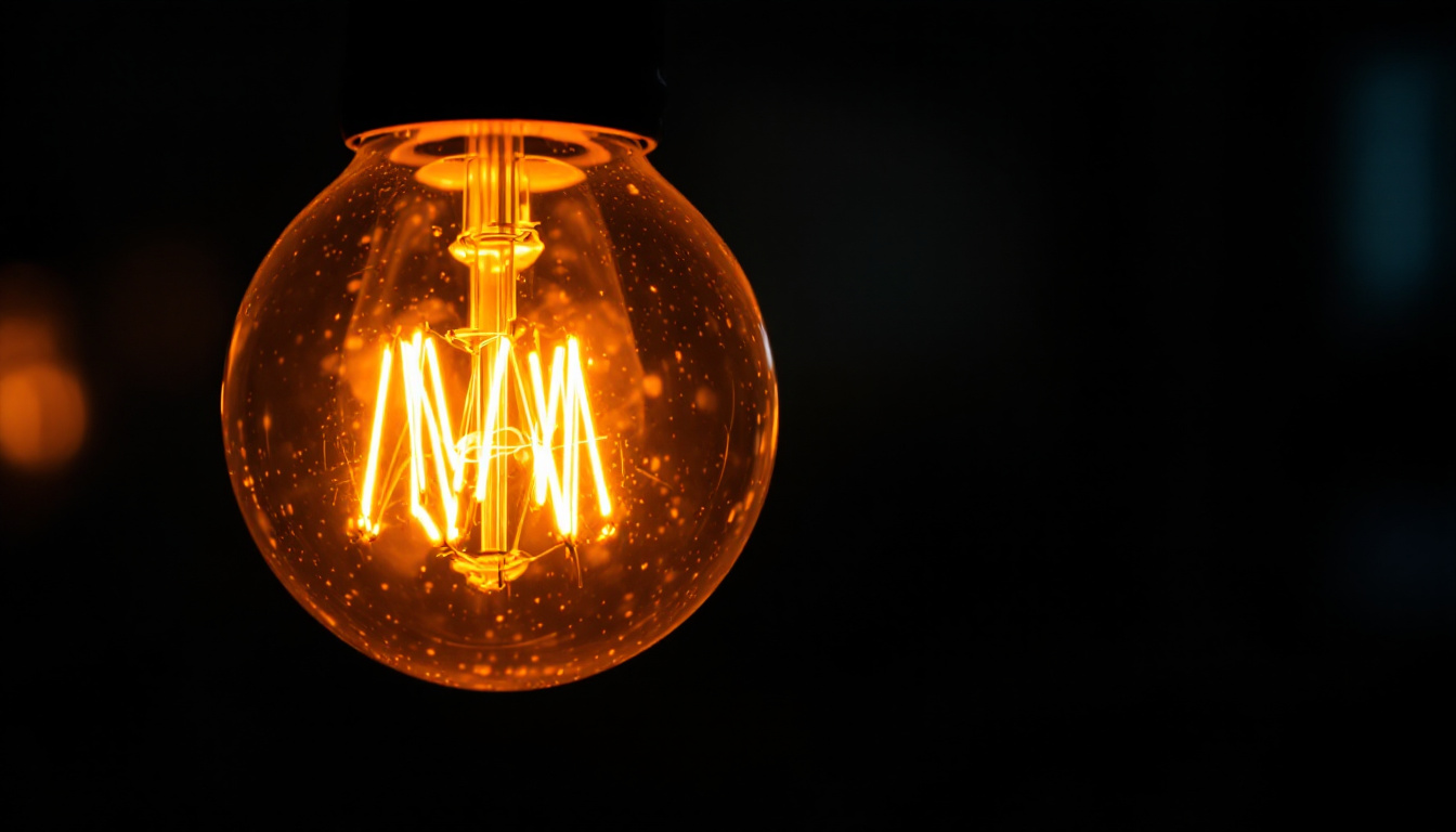 A photograph of a glowing lamp bulb in a dimly lit setting
