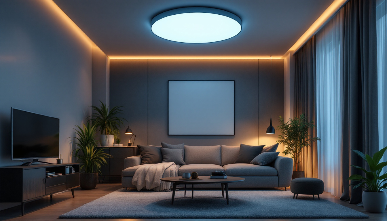 A photograph of a modern ceiling led light fixture illuminating a stylish room
