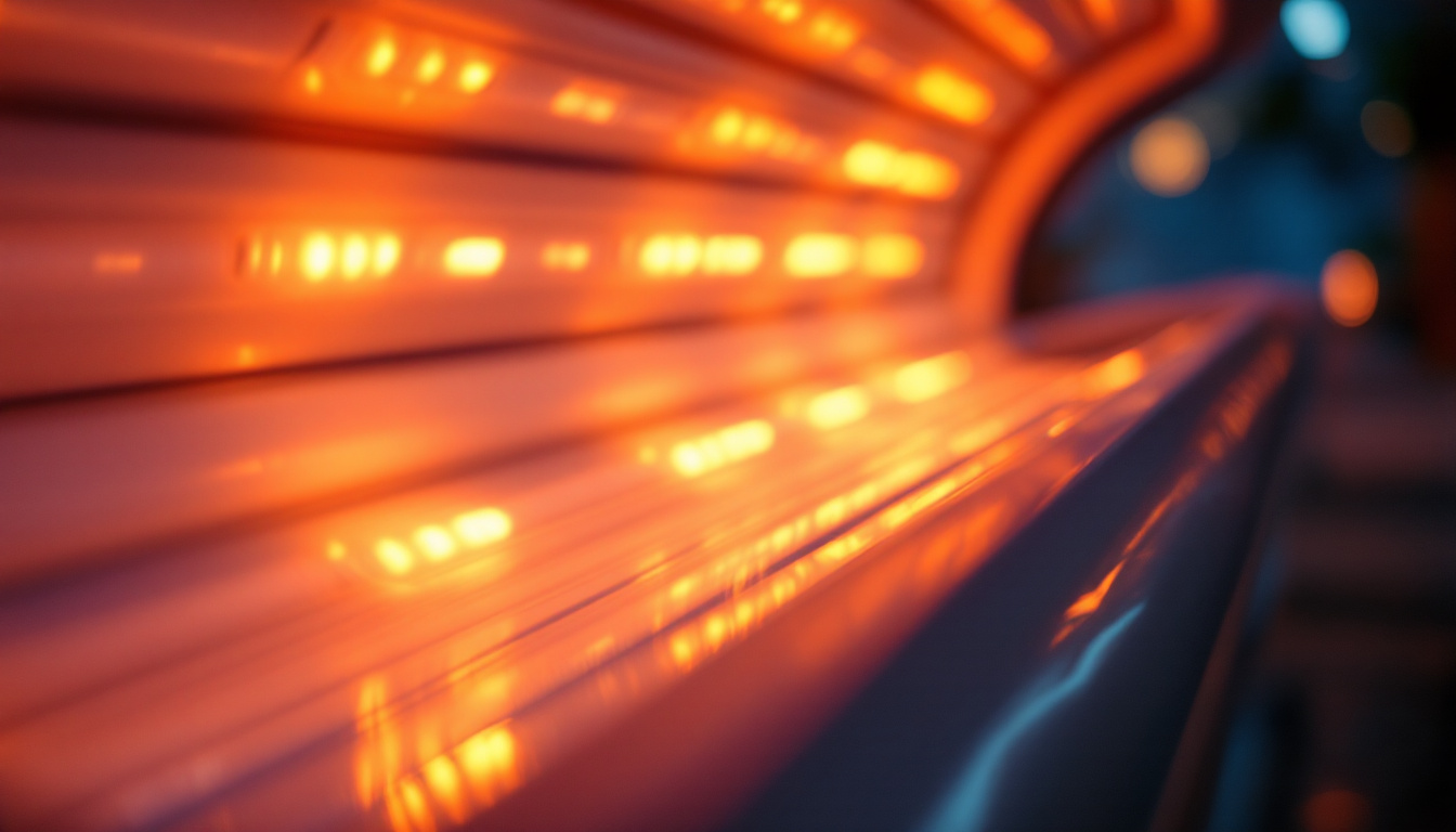 A photograph of a close-up shot of a tanning bed with its bulbs illuminated