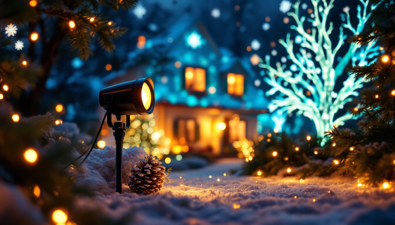 A photograph of a beautifully illuminated outdoor scene featuring a christmas projector light casting vibrant