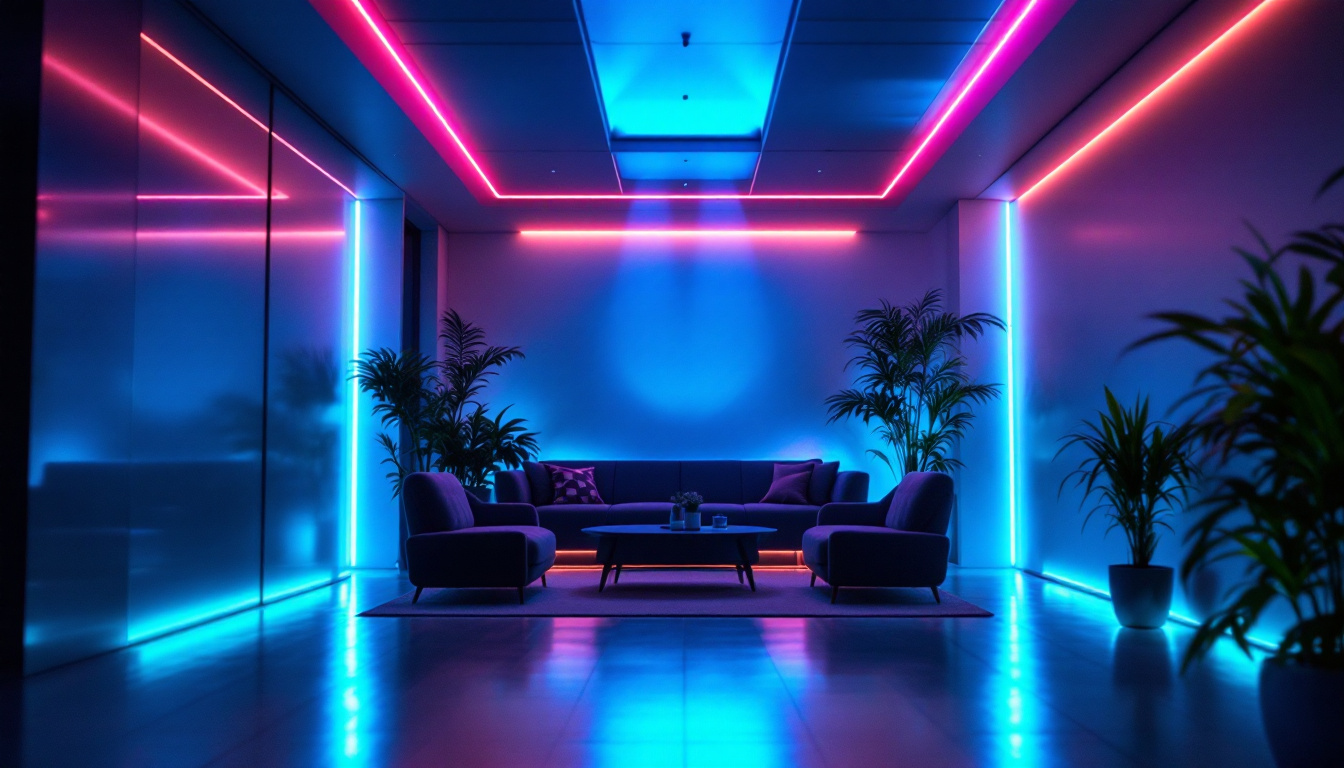 A photograph of capture a photograph of a beautifully lit indoor space featuring vibrant led tape lighting accentuating architectural details or creating an inviting atmosphere