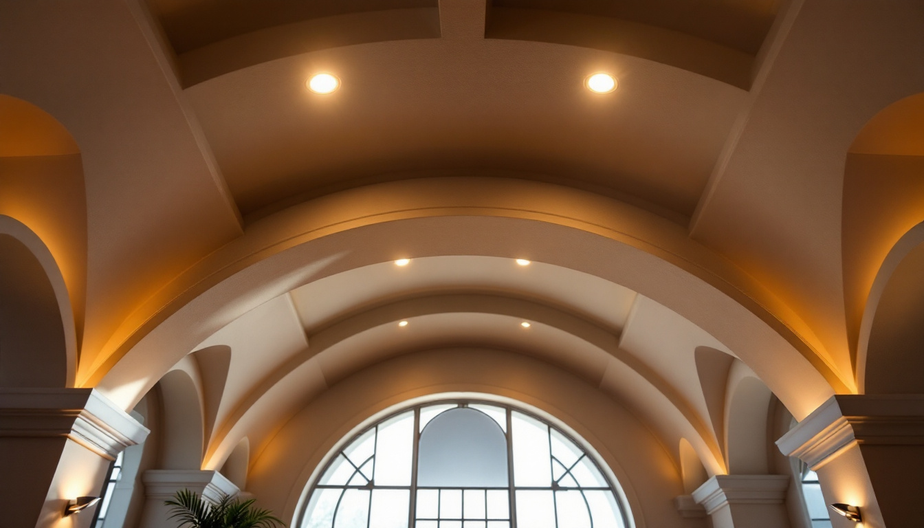 A photograph of a beautifully designed vaulted ceiling featuring recessed can lights
