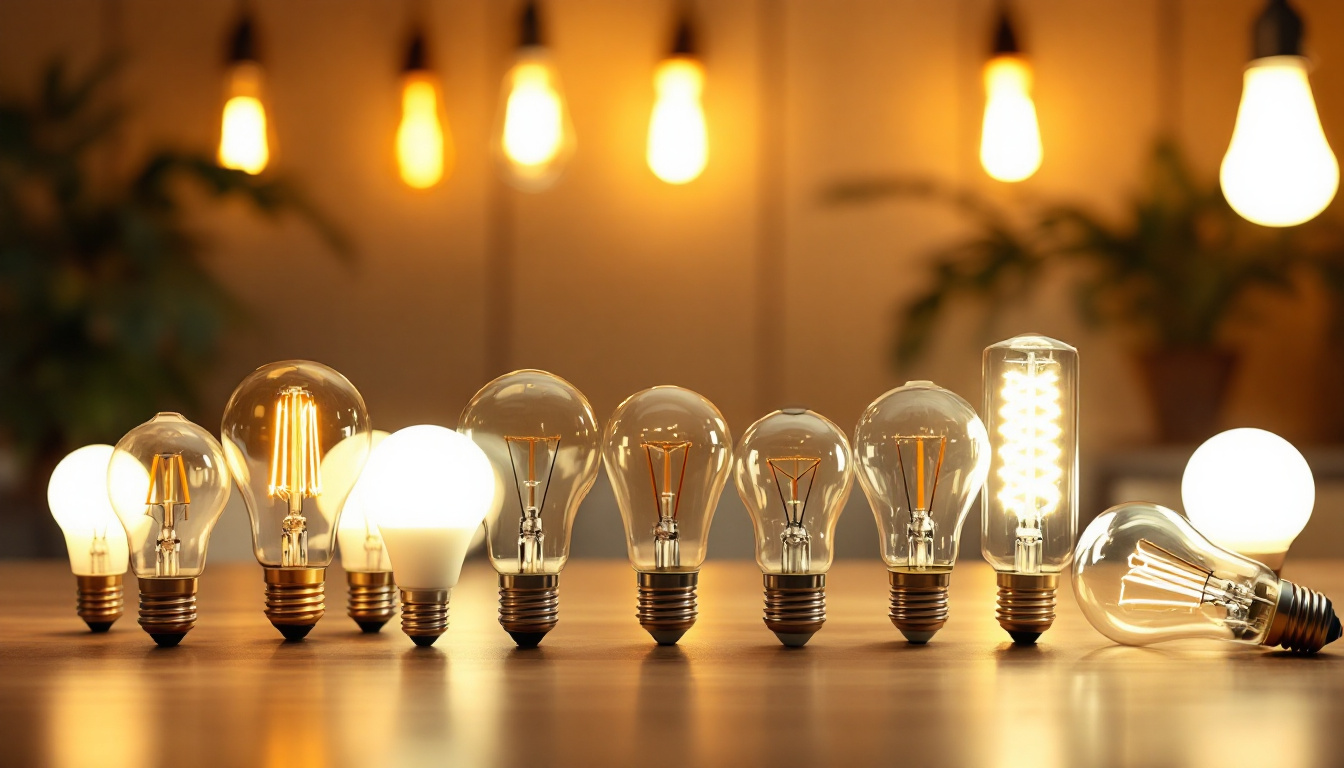 A photograph of a well-lit interior space showcasing a variety of bulb types