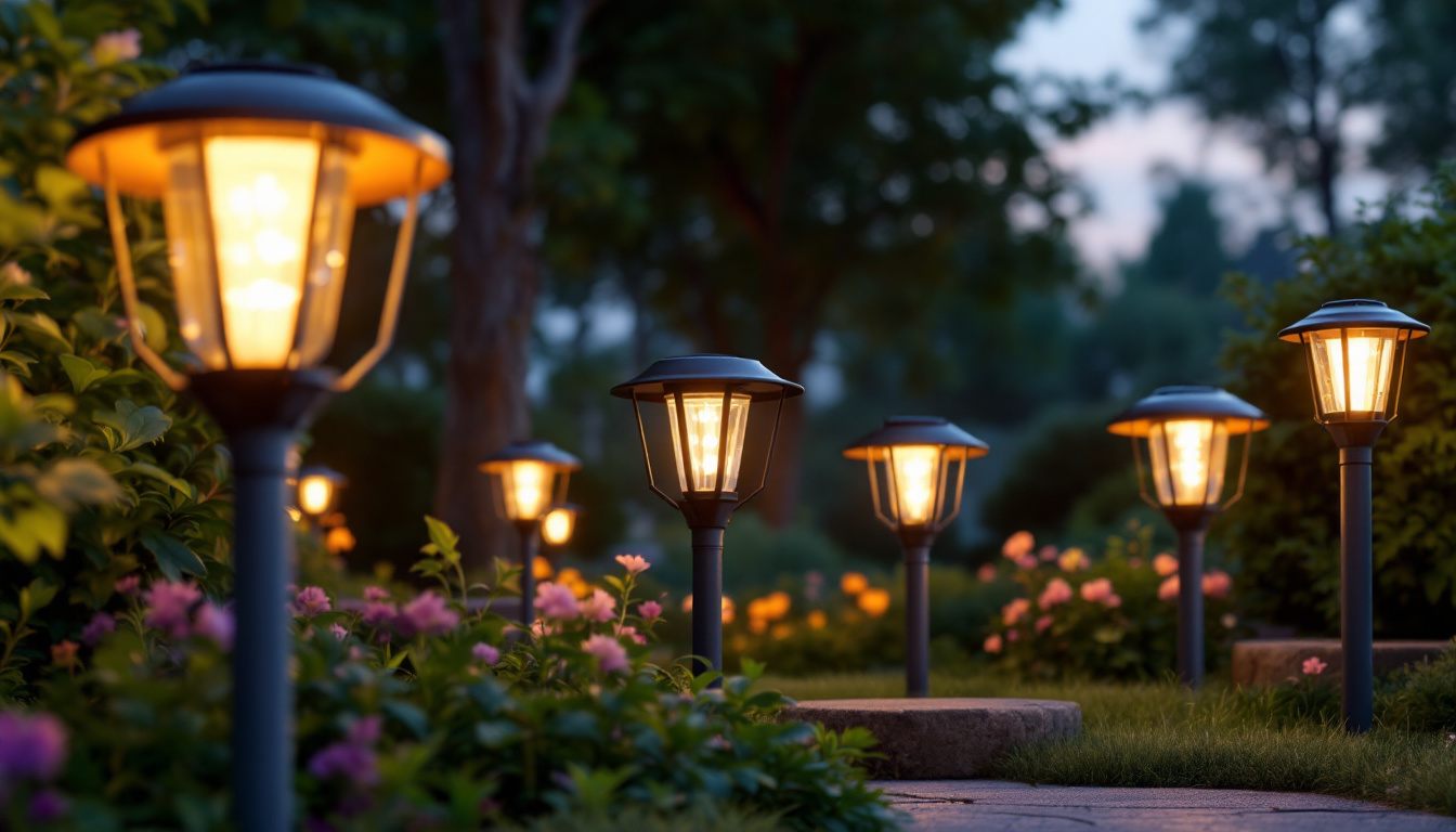 A photograph of a beautifully illuminated garden scene at dusk