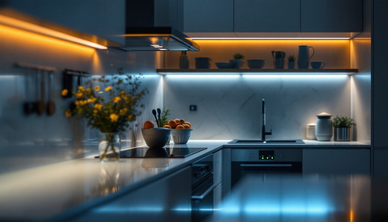 A photograph of capture a photograph of a modern kitchen featuring sleek led under cabinet lighting illuminating the countertop