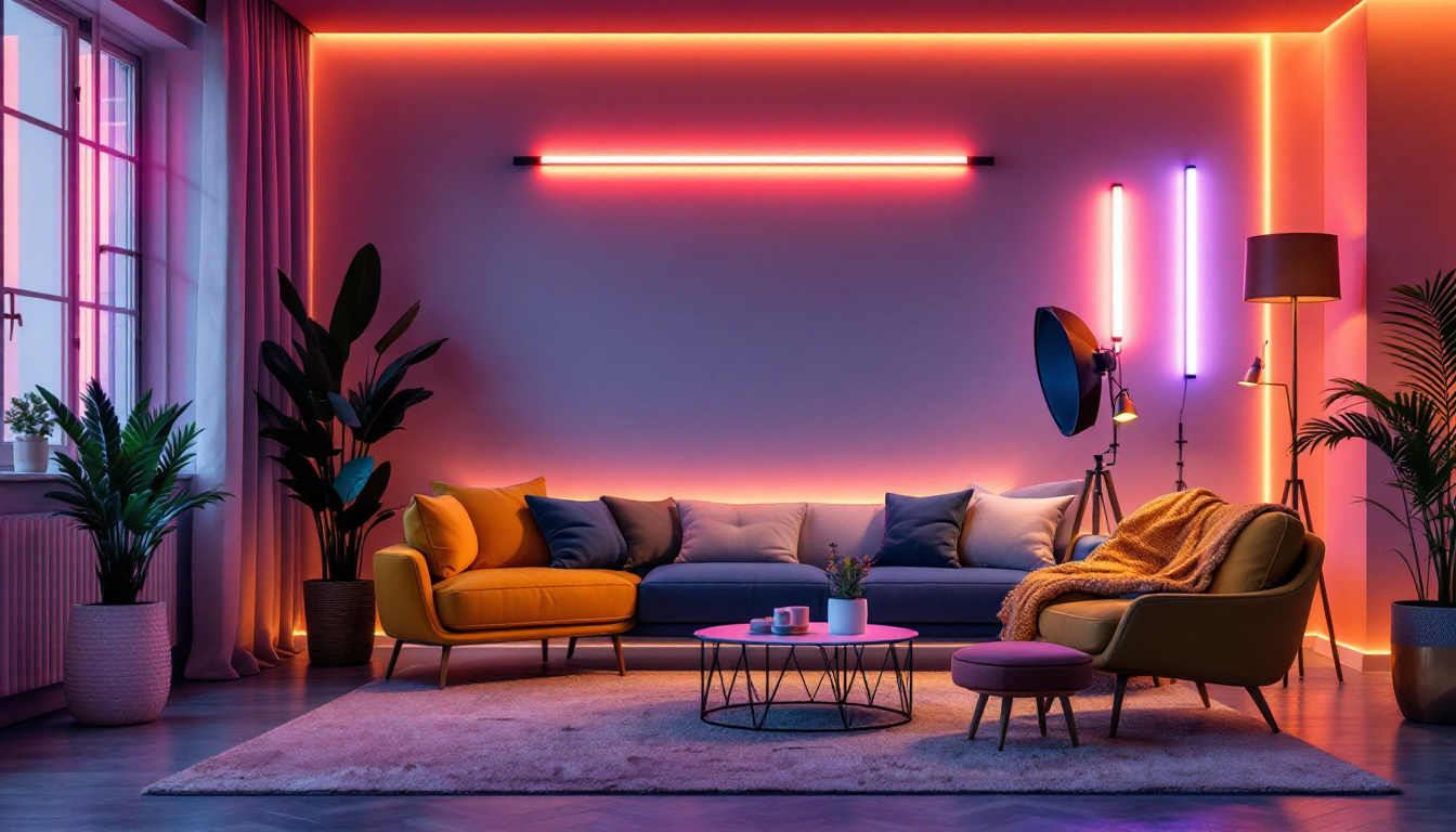 A photograph of a vibrant and visually appealing setup showcasing various strip led lights in a stylish interior setting