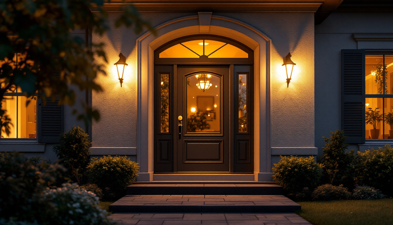 A photograph of a beautifully illuminated front door at dusk