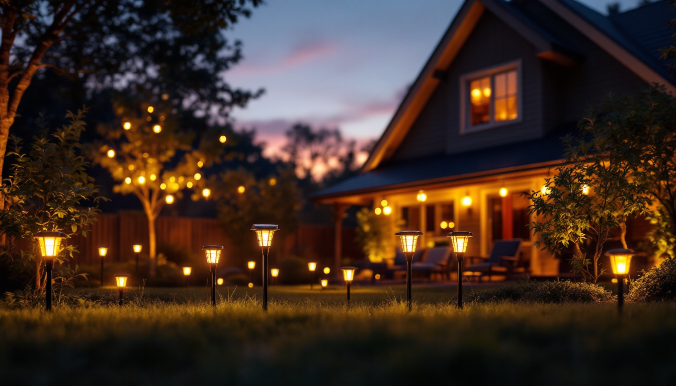 A photograph of a beautifully illuminated backyard scene at dusk
