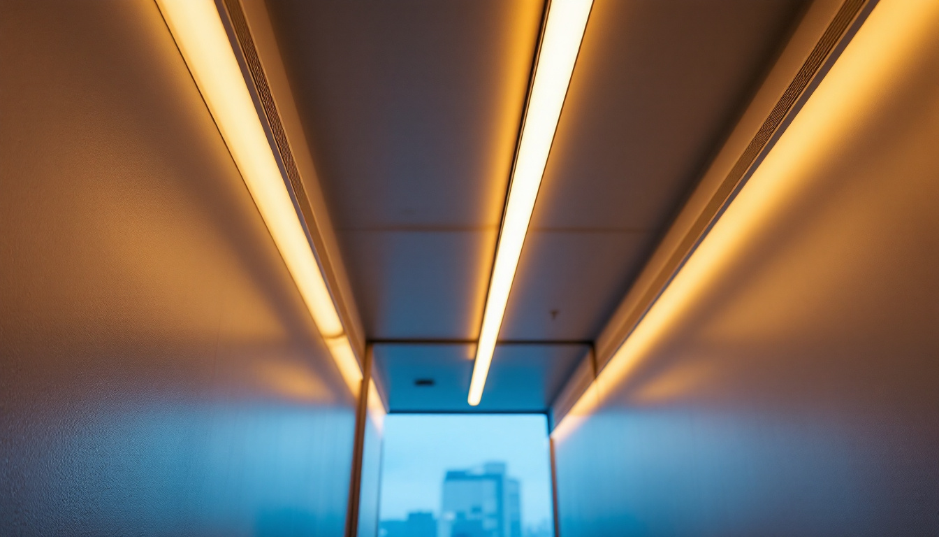 A photograph of a well-lit indoor space showcasing sleek led lighting tubes installed along the ceiling or walls